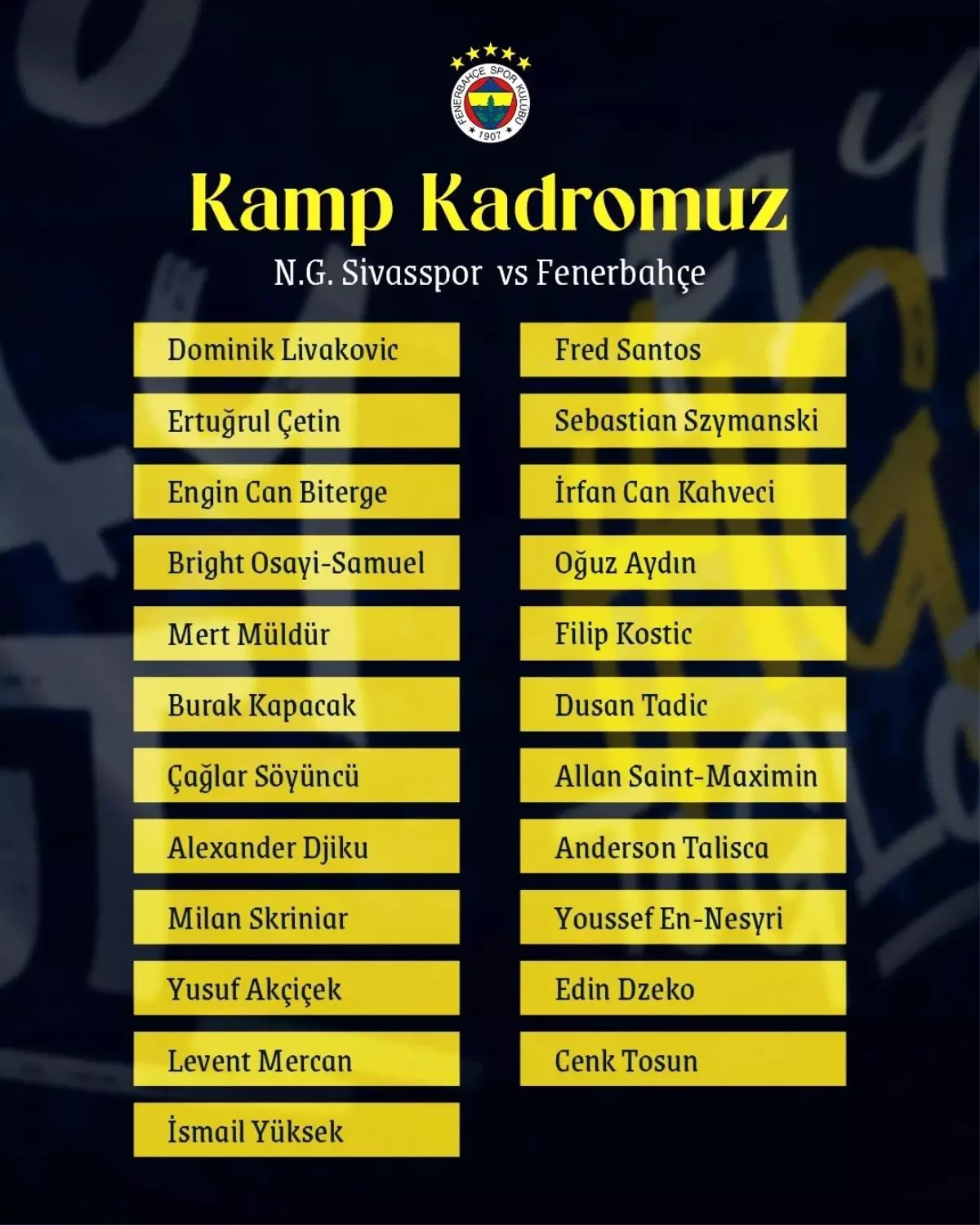 Fenerbahçe\'nin Sivasspor Maç Kadrosu Açıklandı