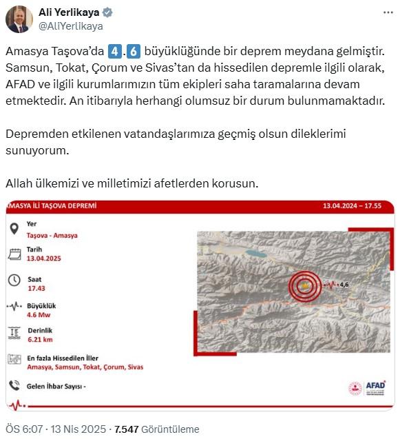 Amasya'da 4.6 büyüklüğünde deprem