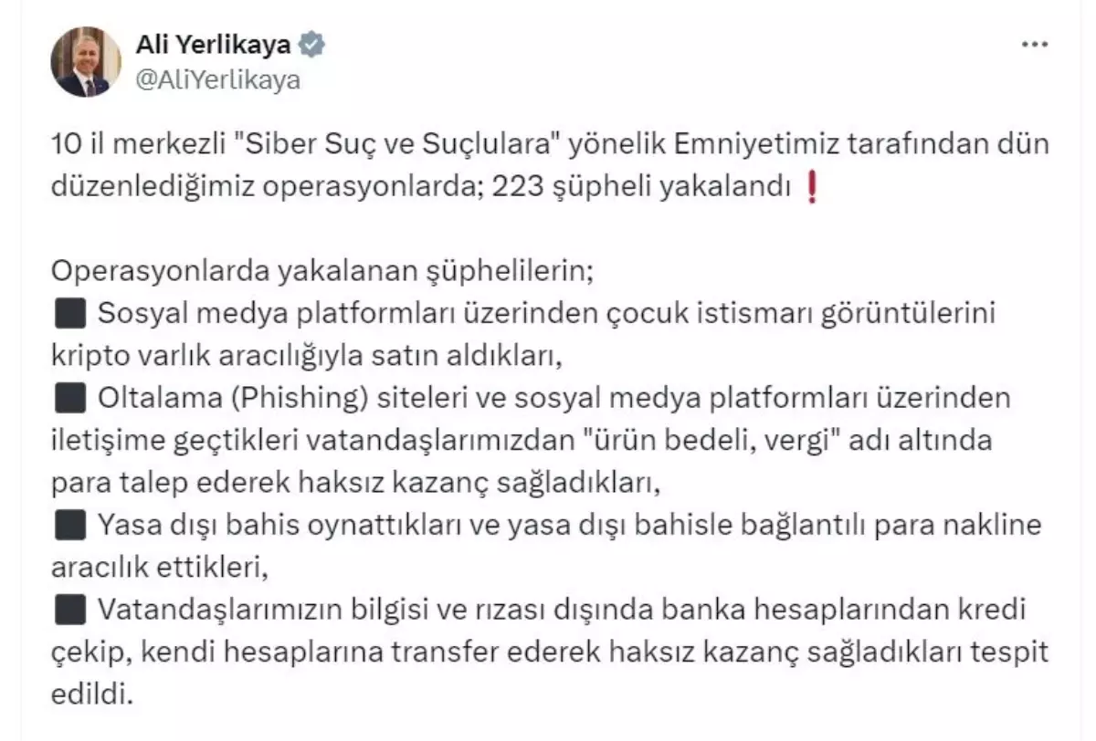 İçişleri Bakanlığı\'ndan Dev Siber Operasyon: 223 Şüpheli Yakalandı