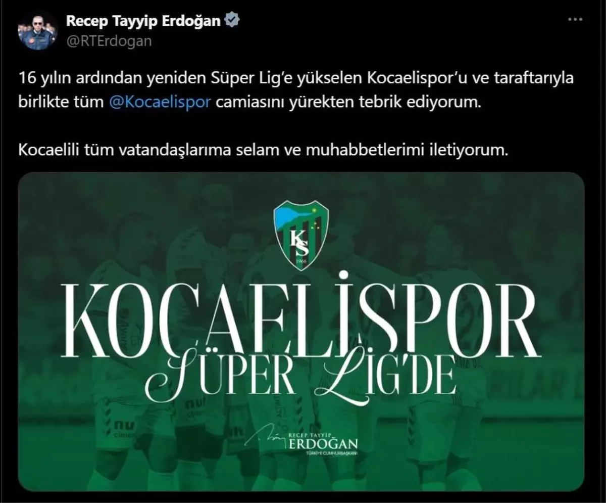 Cumhurbaşkanı Erdoğan\'dan Kocaelispor\'a tebrik