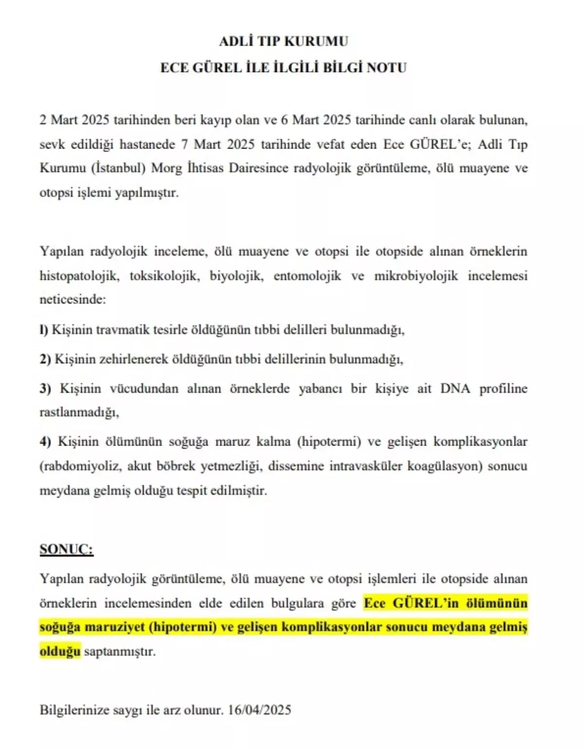 Ece Gürel\'in Ölümü: Hipotermi ve Komplikasyonlar
