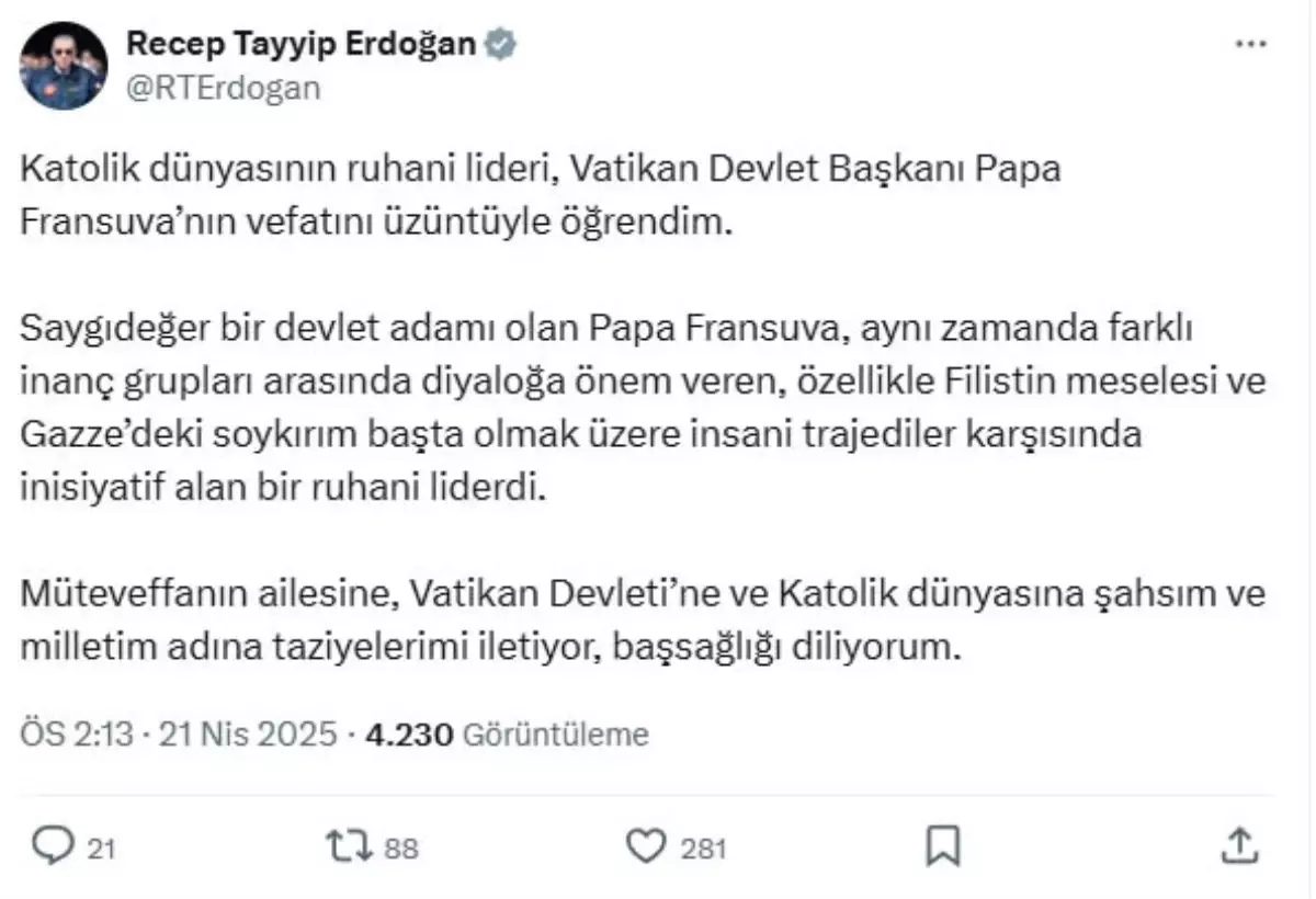 Cumhurbaşkanı Erdoğan\'dan Papa Fransuva için taziye mesajı