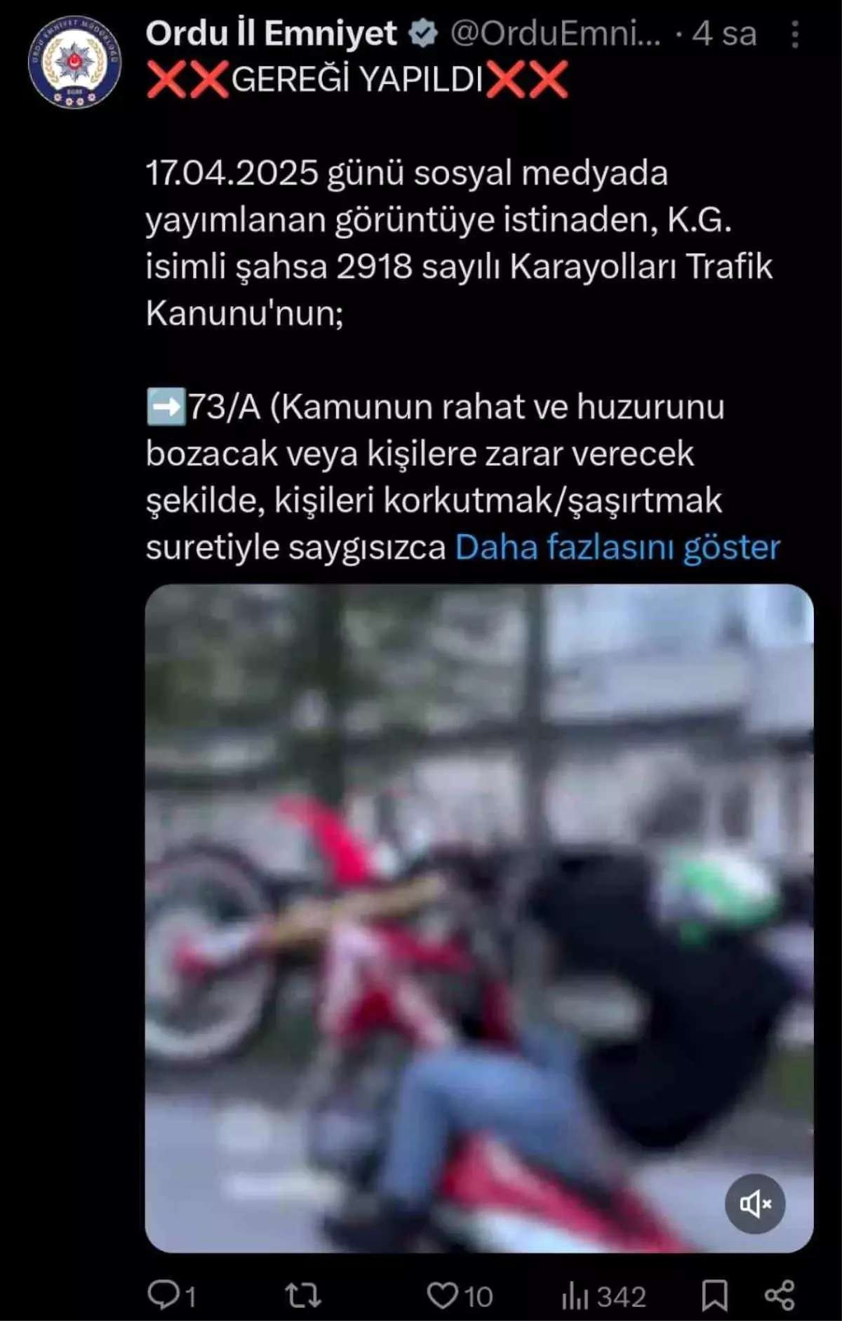 Ordu\'da Tek Tekerlekle Motosiklet Kullanan Sürücüye Cezai İşlem