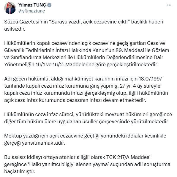 Adalet Bakanı Tunç, 'Saraya yazdı, açık cezaevine çıktı' iddiasını yalanladı