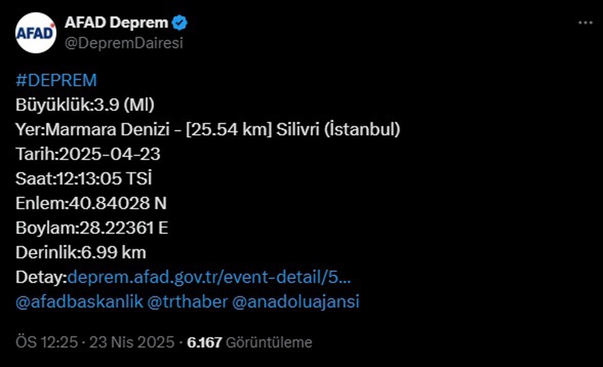 Marmara Denizi\'nde 3.9 Büyüklüğünde Deprem
