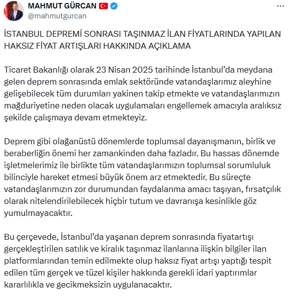 Deprem fırsatçıları için harekete geçildi! Fiyat yükseltenlere idari yaptırımlar gecikmesizin uygula