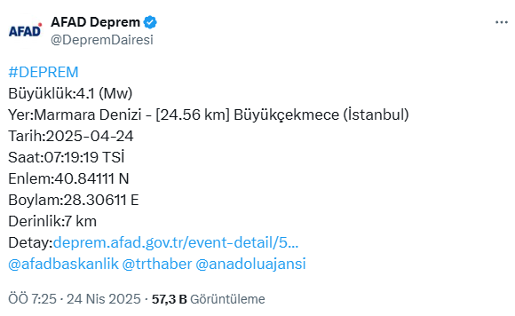 İstanbul'da 4.1 büyüklüğünde bir deprem daha