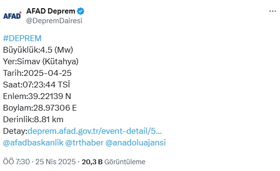 Kütahya'da 4.5 büyüklüğünde deprem