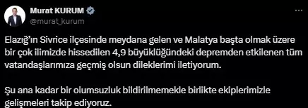 Elazığ'da 4.9 büyüklüğünde deprem