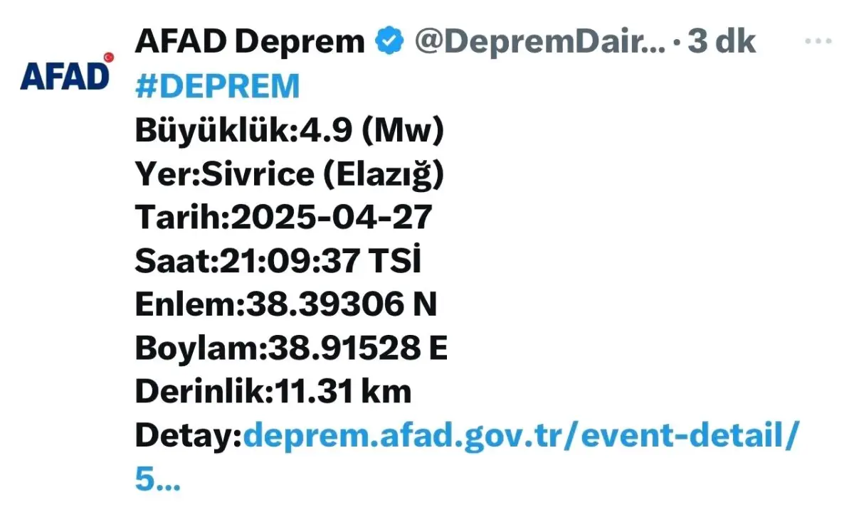 Elazığ\'da 4,9 Büyüklüğünde Deprem