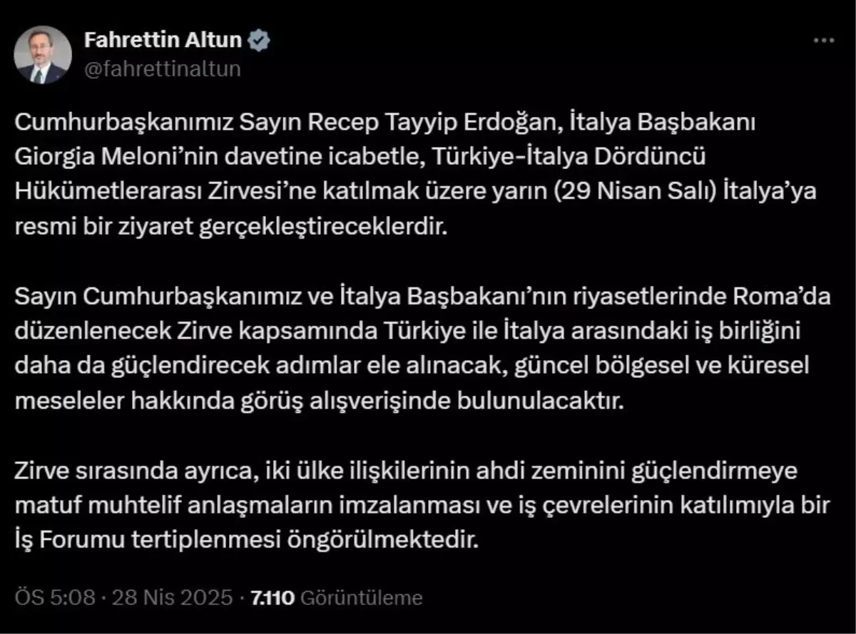 Cumhurbaşkanı Erdoğan, İtalya\'ya resmi ziyaret gerçekleştirecek