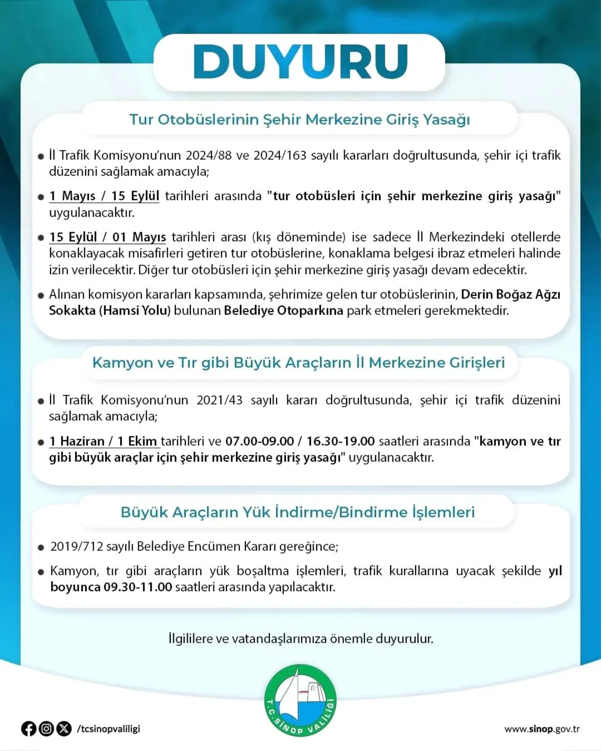 Sinop\'ta Tur Otobüslerine Şehir Merkezine Giriş Yasağı