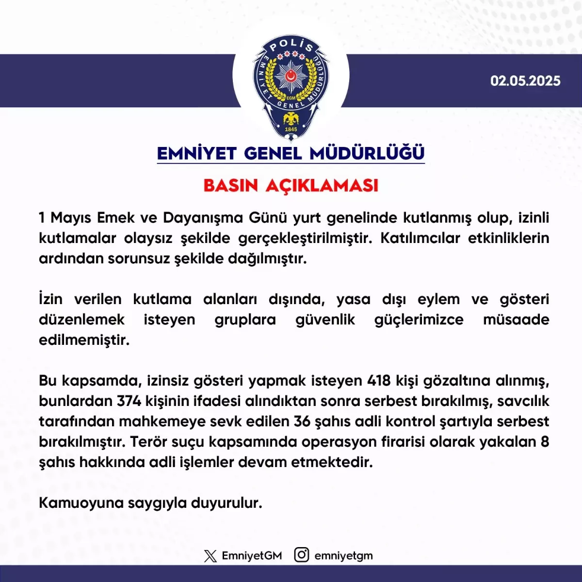 1 Mayıs\'ta 418 Gözaltı