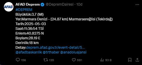 Marmara'da 3.7 büyüklüğünde deprem