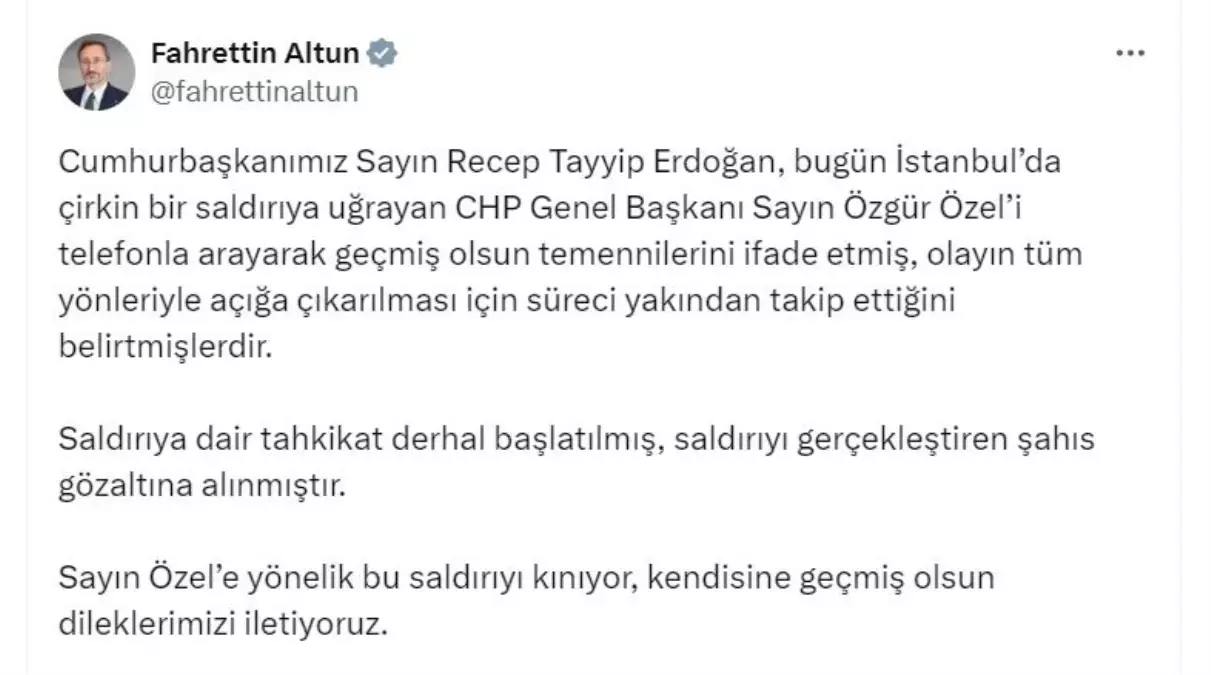 Cumhurbaşkanı Erdoğan, Özgür Özel\'i telefonla arayarak geçmiş olsun dileklerini iletti