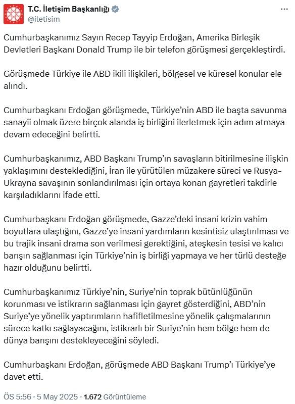 Cumhurbaşkanı Erdoğan, Trump ile telefonda görüştü