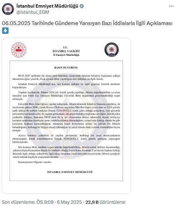 'İmamoğlu'na suikast ihbarı' iddiasıyla ilgili Emniyet'ten açıklama 'İmamoğlu'na suikast ihbarı' iddiasıyla ilgili Emniyet'ten açıklama