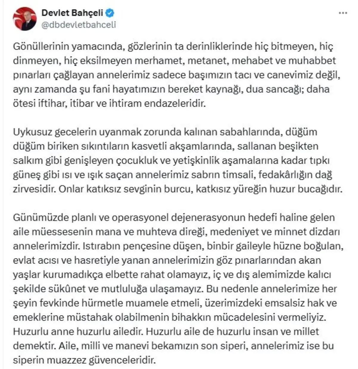 Devlet Bahçeli\'den Anneler Günü Mesajı
