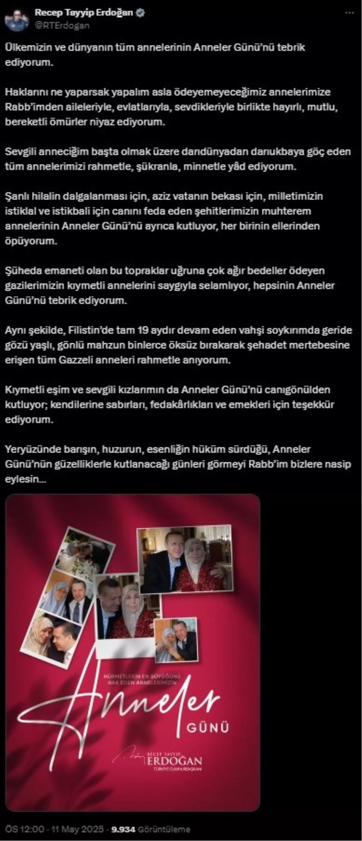 Cumhurbaşkanı Erdoğan\'dan Anneler Günü Mesajı