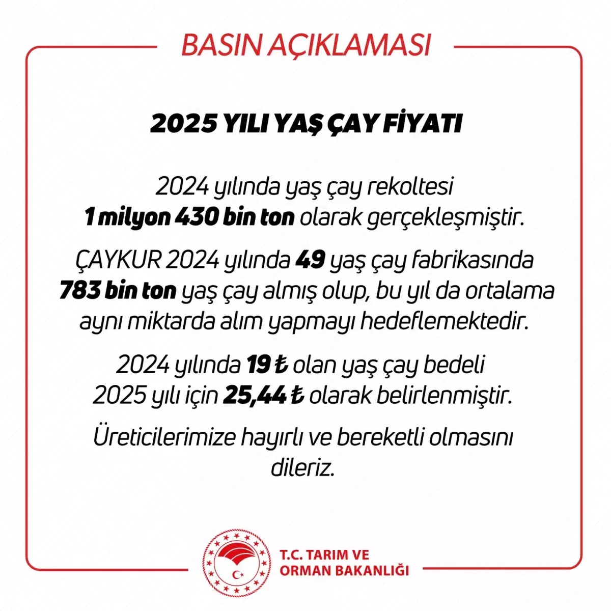 2025 Yaş Çay Alım Fiyatı Belirlendi