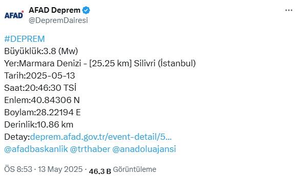 İstanbul'da Silivri açıklarında 3.8 büyüklüğünde deprem