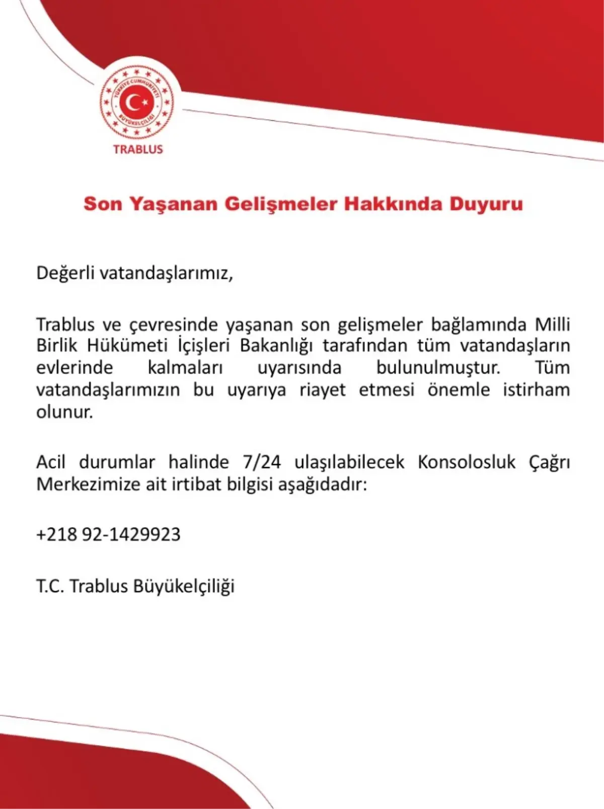 Türk Büyükelçiliğinden Evde Kal Uyarısı