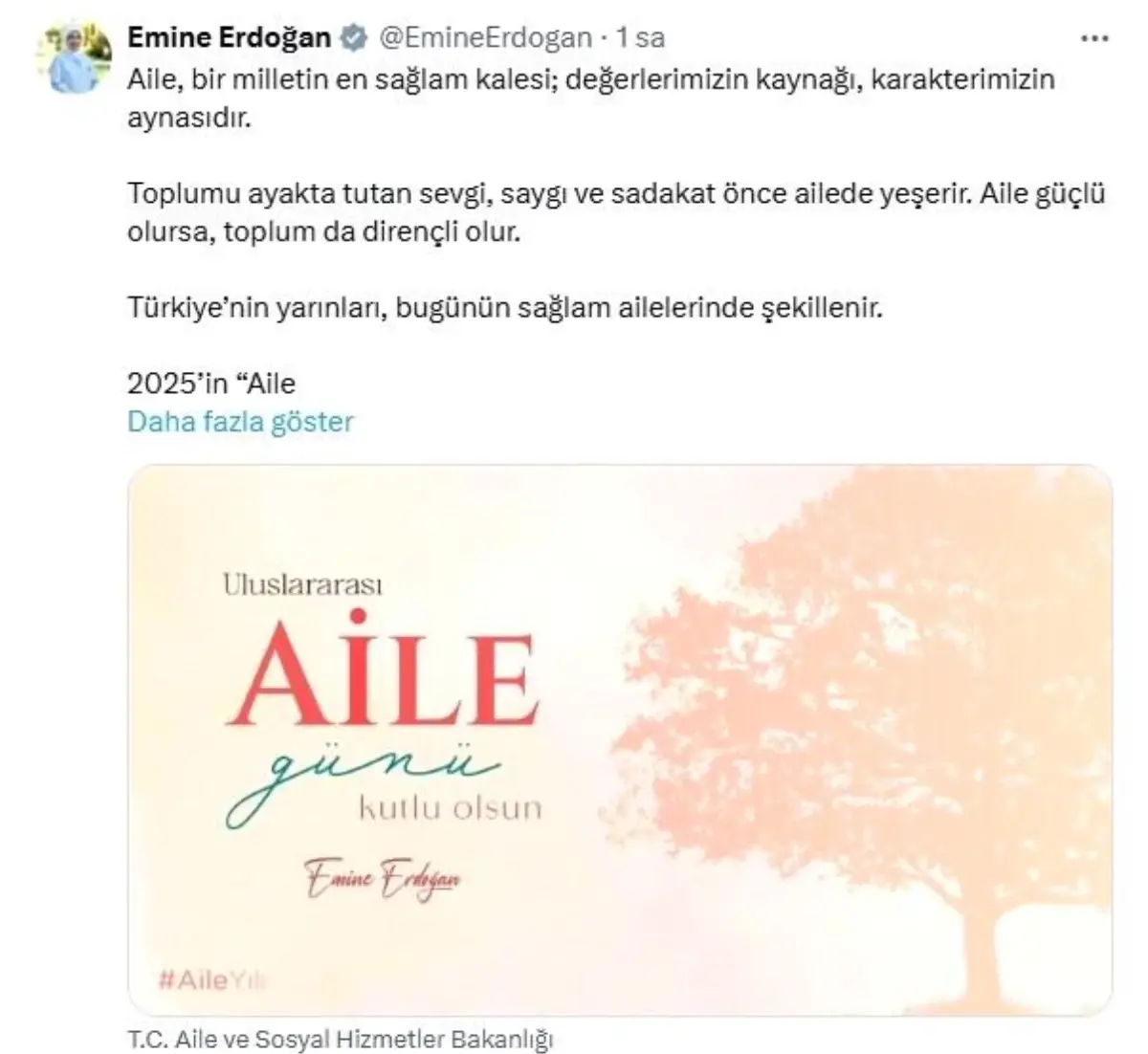Emine Erdoğan\'dan Uluslararası Aile Günü\'ne ilişkin paylaşım Açıklaması