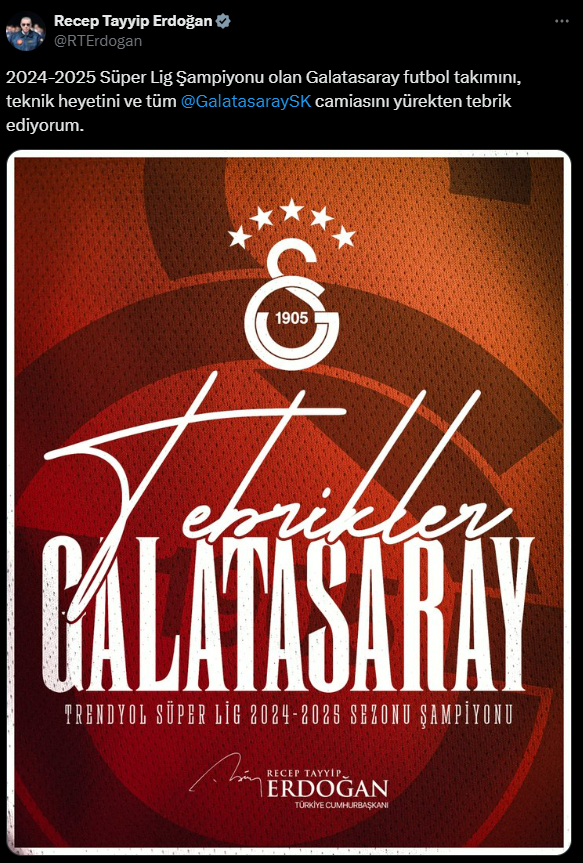 Cumhurbaşkanı Erdoğan'dan Galatasaray'a tebrik
