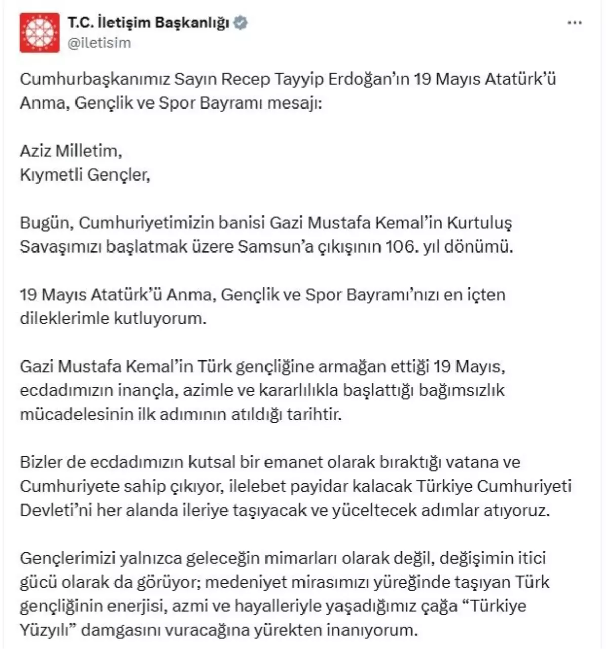 Cumhurbaşkanı Erdoğan\'dan 19 Mayıs Mesajı: Gençlerimizle Birlikte Yürüyoruz