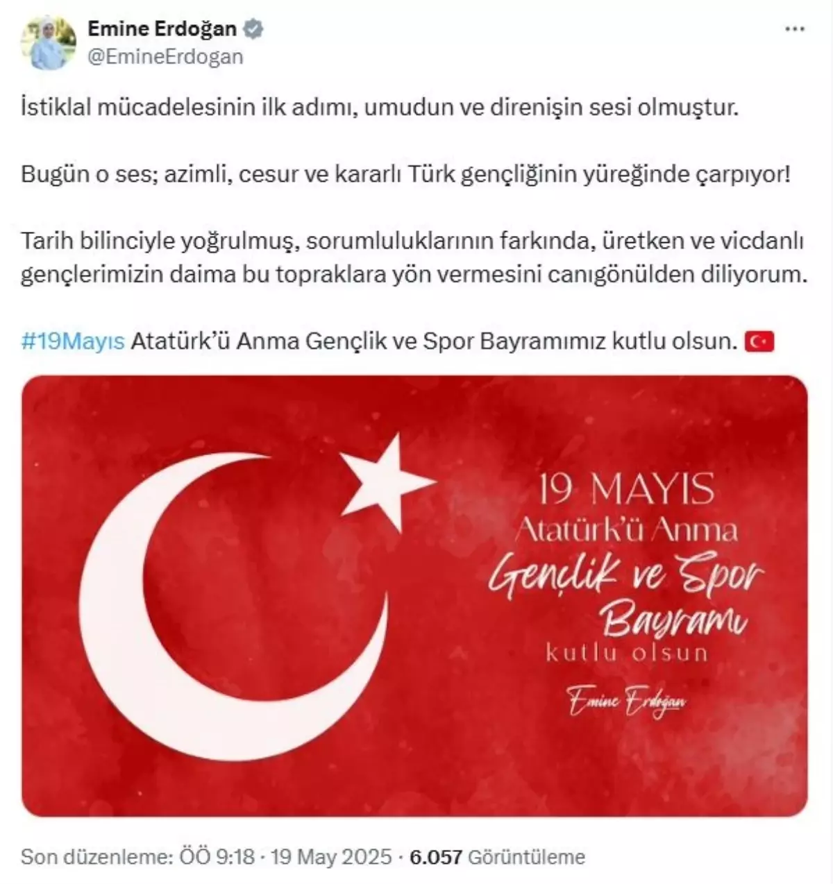 Emine Erdoğan\'dan 19 Mayıs Mesajı