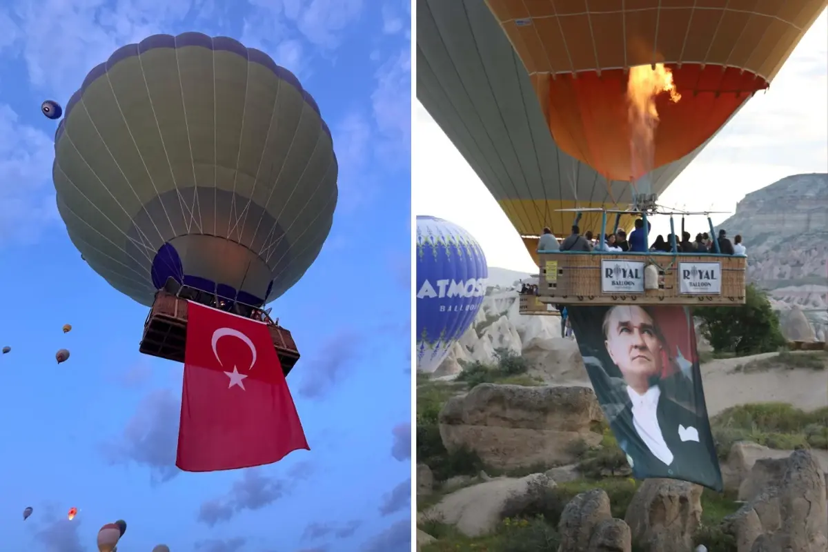 Kapadokya\'da gökyüzü Türk bayrakları ve Atatürk posterleriyle süslendi