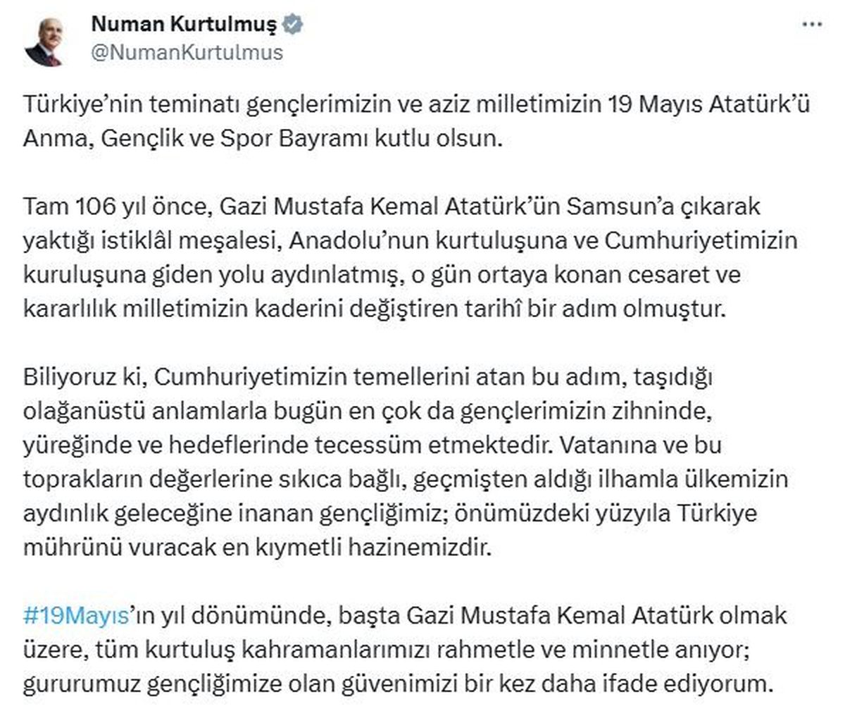 Kurtulmuş\'tan 19 Mayıs Mesajı