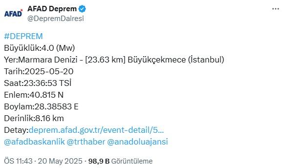 İstanbul'da hissedilen bir deprem meydana geldi