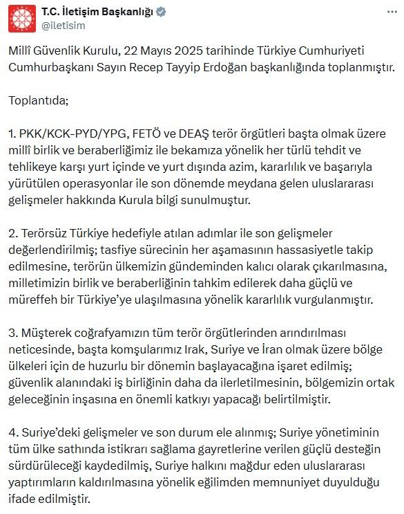 Fesih kararı sonrası ilk MGK: PKK'nın tasfiye süreci hassasiyetle takip edilecek