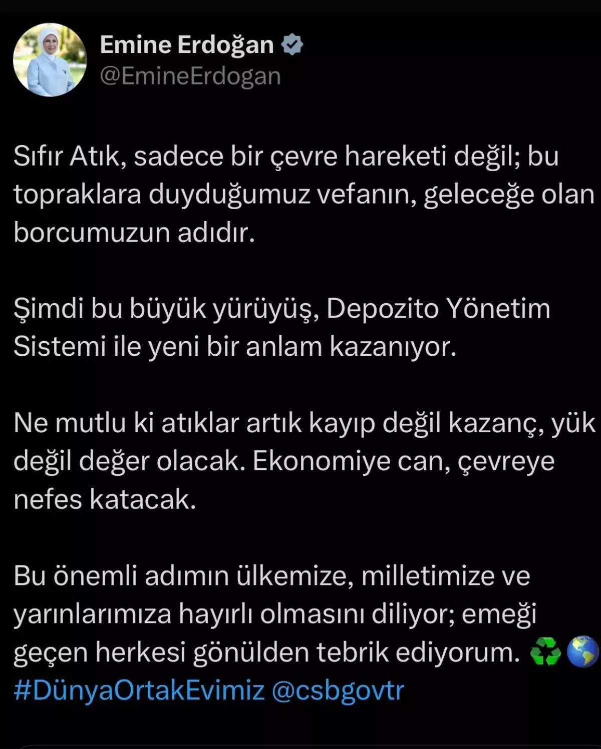 Emine Erdoğan\'dan Depozito Yönetim Sistemi paylaşımı
