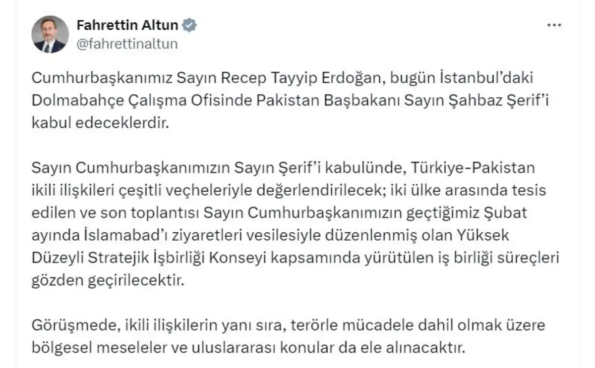 Cumhurbaşkanı Erdoğan, Pakistan Başbakanı Şahbaz Şerif\'i Dolmabahçe\'de kabul edecek