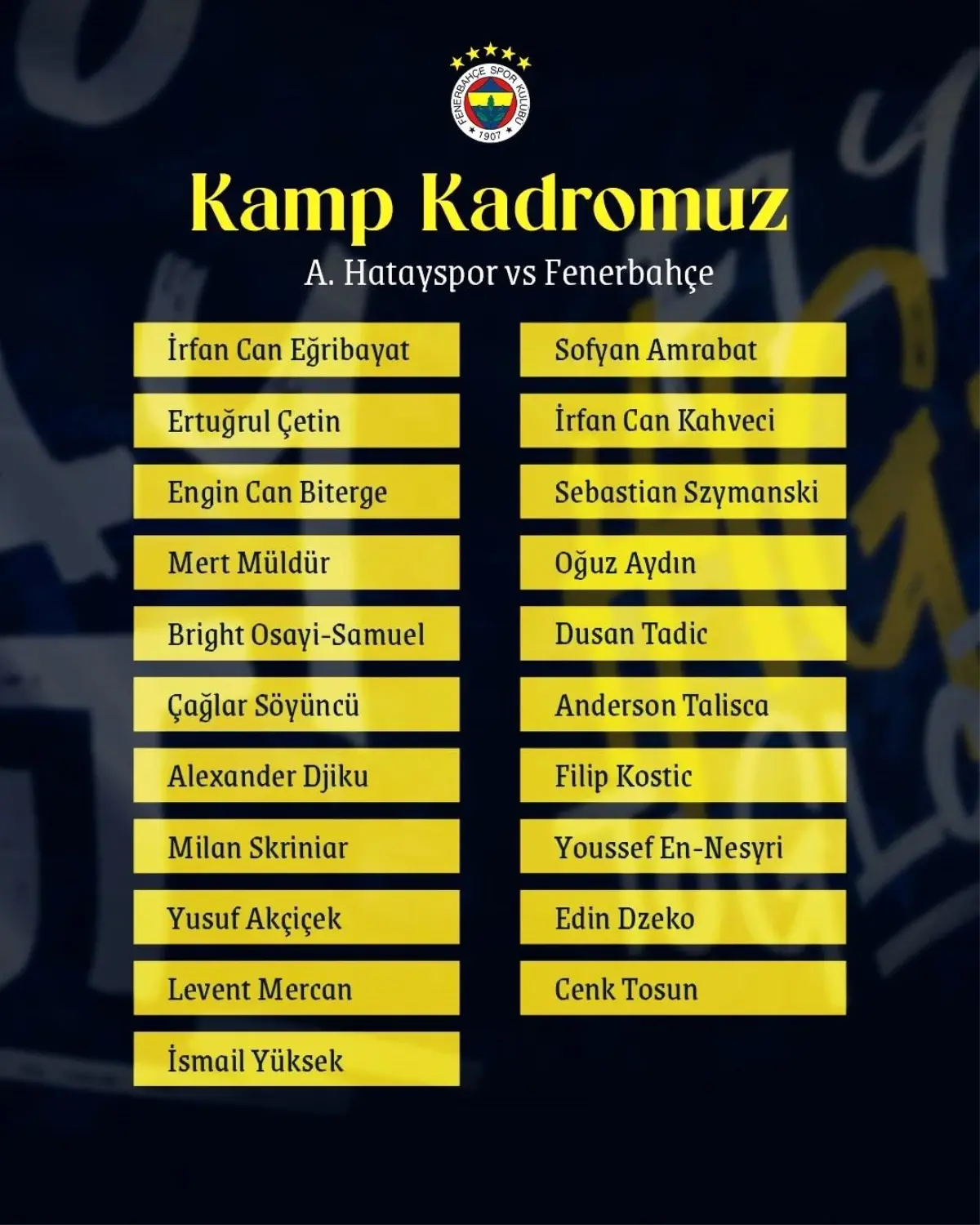 Fenerbahçe\'nin Hatayspor Maçı Kadrosu Açıklandı