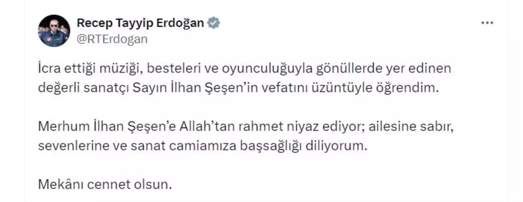 Cumhurbaşkanı Erdoğan\'dan İlhan Şeşen için taziye mesajı