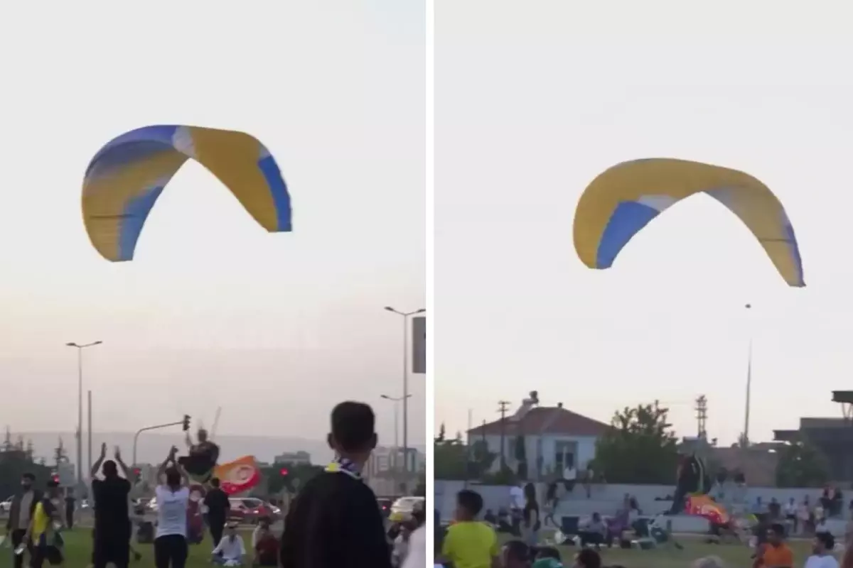 Galatasaray bayraklı paraşütüyle Fenerbahçelilerin içine daldı 