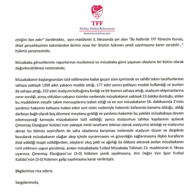 Yarıda kalan Elazığspor-Vanspor maçı için hükmen mağlubiyet kararı
