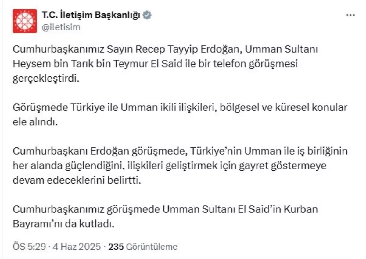 Cumhurbaşkanı Erdoğan, Umman Sultanı ile Görüştü