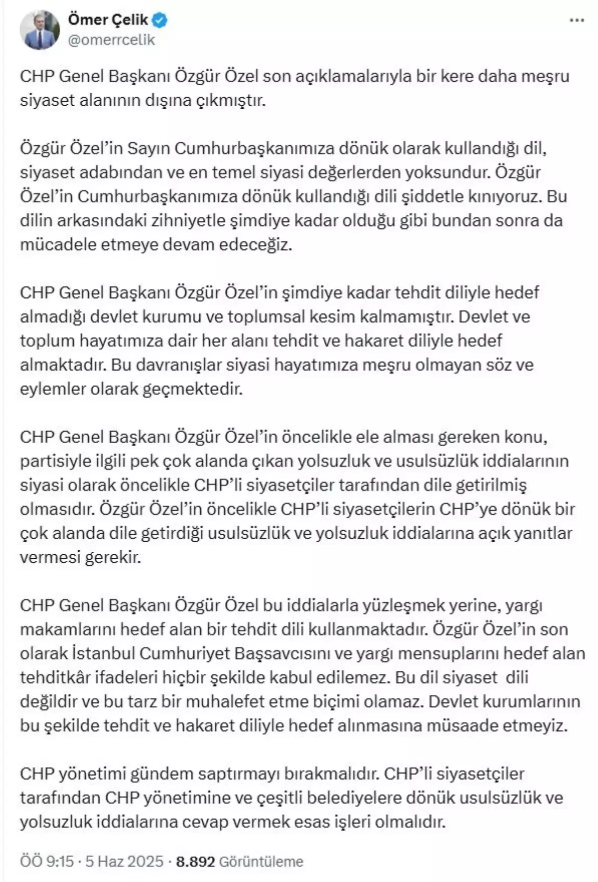 Ömer Çelik\'ten Özgür Özel\'e Sert Tepki