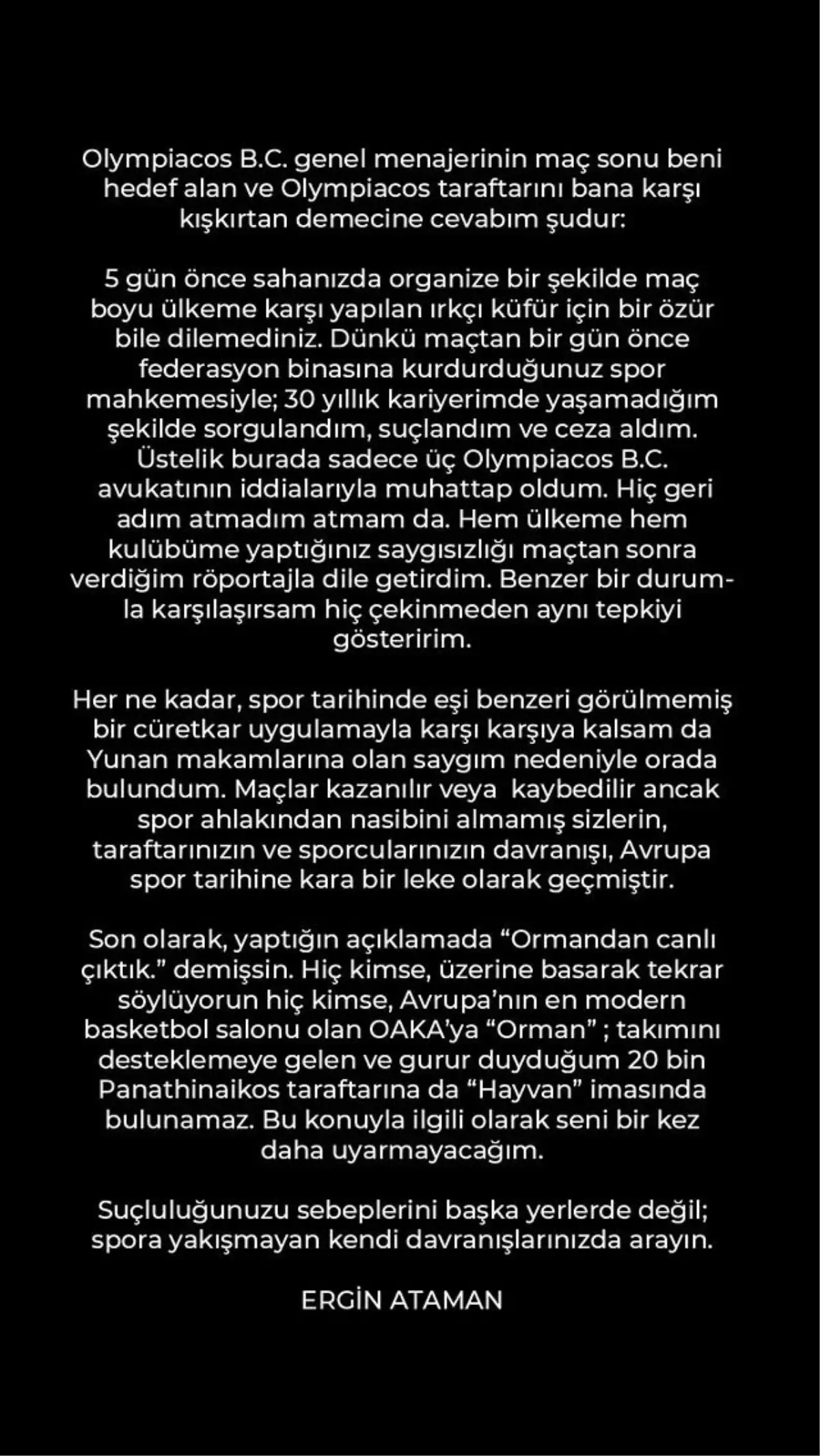 Ergin Ataman\'dan Olympiakos\'a olay tepki: Seni bir daha uyarmayacağım 