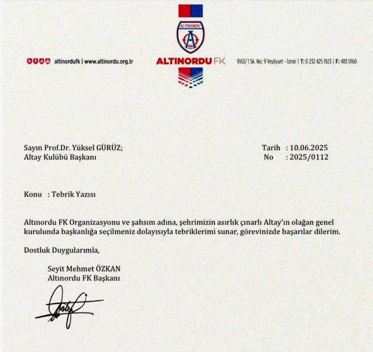Altınordu\'dan Altay Başkanına Tebrik