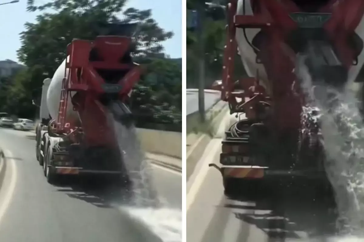 İstanbul\'da hafriyat kamyonu betonlu suyu yola döktü