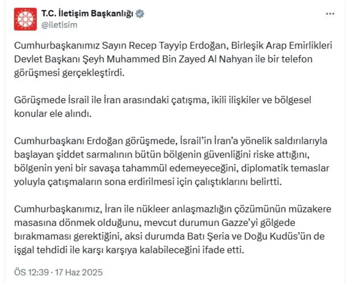 Erdoğan, BAE Devlet Başkanı ile İsrail-İran Çatışması ve Bölgesel Konuları Görüştü