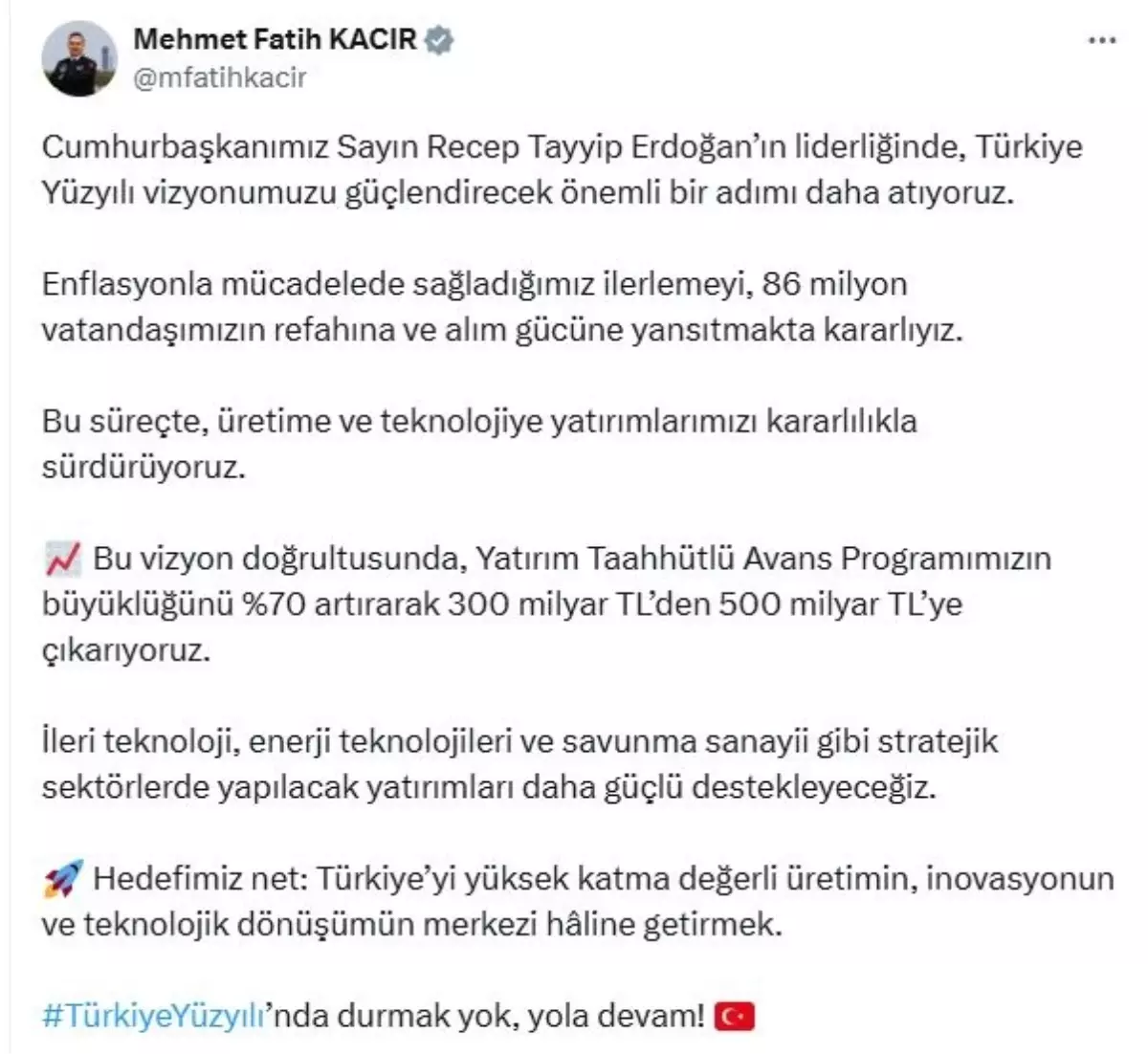 Sanayi ve Teknoloji Bakanı Kacır: Yatırım Taahhütlü Avans Programı 500 milyar TL\'ye çıkarılıyor