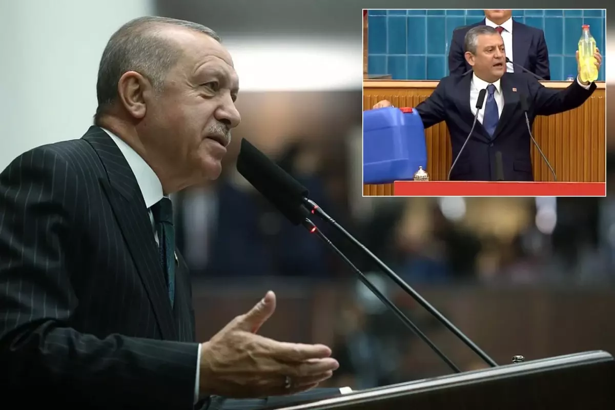 Cumhurbaşkanı Erdoğan, CHP lideri Özel\'in kürsüye mazot şişesiyle çıkmasına kayıtsız kalamadı