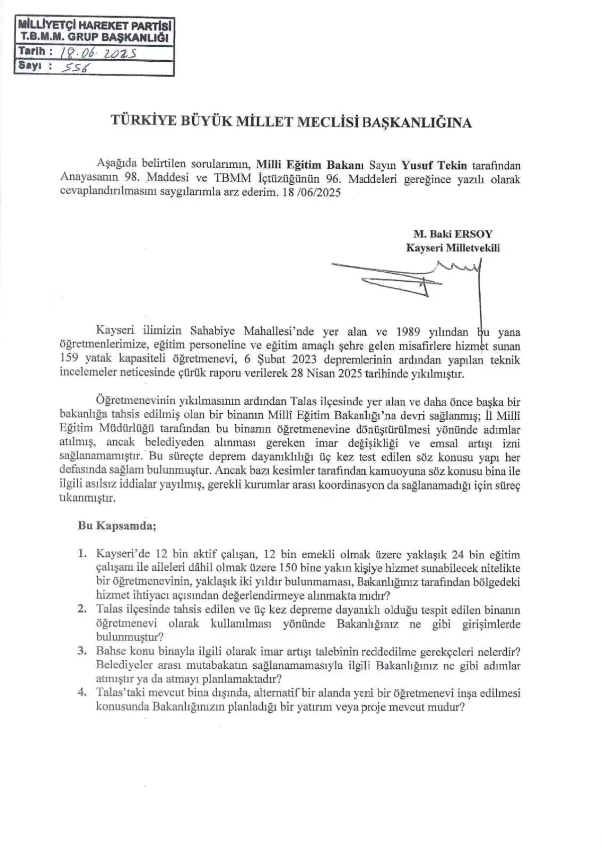 MHP\'li Vekil Baki Ersoy\'dan Kayseri Öğretmenevi İçin Soru Önergesi