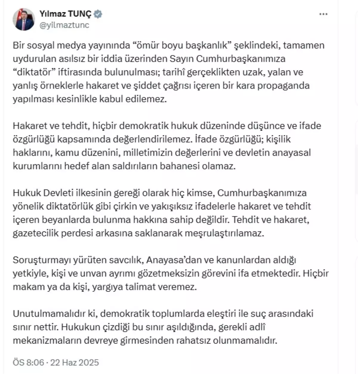 Adalet Bakanı Tunç: \'Ömür boyu başkanlık\' iddiaları yalan ve kabul edilemez